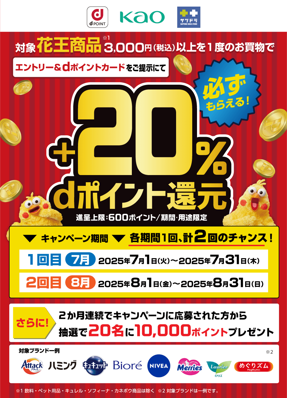dPOINT 花王 サツドラ 対象花王商品＊1 3,000円（税込）以上を1度のお買物でエントリー＆dポイントカードをご提示にて必ずもらえる！ ＋20％dポイント還元 進呈上限：600ポイント／期間・用途限定 キャンペーン期間 各期間1回、計2回のチャンス！ 1回目：7月 2025年7月1日（火）～2025年7月31日（木） 2回目：8月 2025年8月1日（金）～2025年8月31日（日）さらに！2か月連続でキャンペーンに応募された方から抽選で20名に10,000ポイントプレゼント 対象ブランド一例＊2 アタック ハミング キュキュット ビオレ ニベア メリーズ ロリエ めぐりズム ※1 飲料・ペット用品・キュレル・ソフィーナ・カネボウ商品は除く ※2 対象ブランドは一例です。