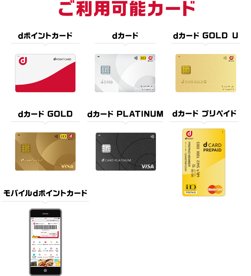 ご利用可能カード dポイントカード／dカード／dカード GOLD U／dカード GOLD／dカード PLATINUM／dカード プリペイド／モバイルdポイントカード