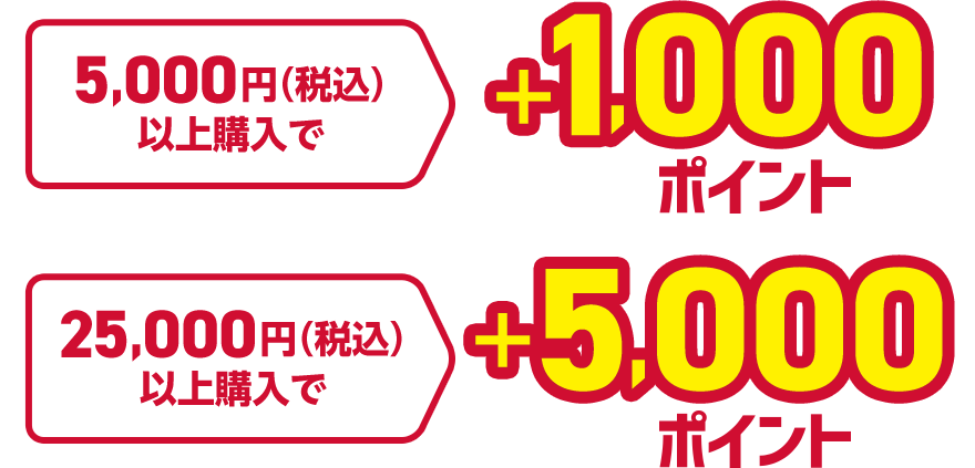 5,000円（税込）以上購入で＋1,000ポイント 25,000円（税込）以上購入で＋5,000ポイント