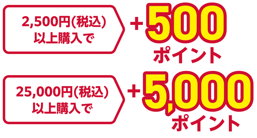 2,500円（税込）以上購入で＋500ポイント 25,000円（税込）以上購入で＋5,000ポイント