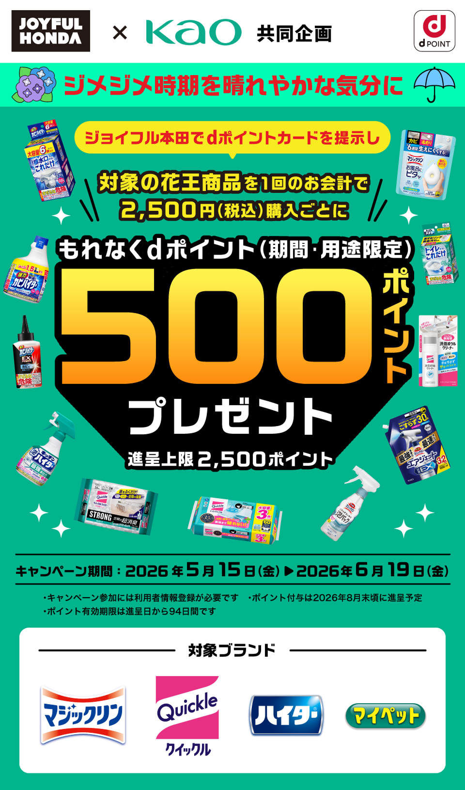 JOYFUL HONDA × Kao 共同企画 dPOINT ジメジメ時期を晴れやかな気分に ジョイフル本田でdポイントカードを提示し 対象の花王商品を1回のお会計で2,500円（税込）購入ごとにもれなくdポイント（期間・用途限定）500ポイントプレゼント 進呈上限2,500ポイント キャンペーン期間：2026年5月15日（金）＞2026年6月19日（金）・キャンペーン参加には利用者情報登録が必要です・ポイント付与は2026年8月末頃に進呈予定・ポイント有効期限は進呈日から94日間です 対象ブランド マジックリン Quickle（クイックル） ハイター マイペット