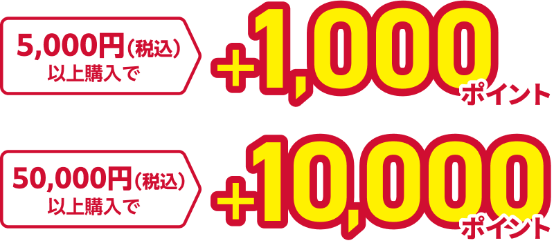 5,000円（税込）以上購入で＋1,000ポイント 50,000円（税込）以上購入で＋10,000ポイント
