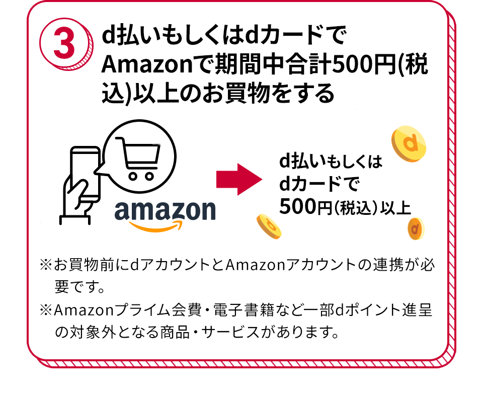 3 d払いもしくはdカードでAmazonで期間中合計500円（税込）以上のお買物をする Amazon ＞ d払いもしくはdカードで500円（税込）以上 ※お買物前にdアカウントとAmazonアカウントの連携が必要です。 ※Amazonプライム会費・電子書籍など一部dポイント進呈の対象外となる商品・サービスがあります。