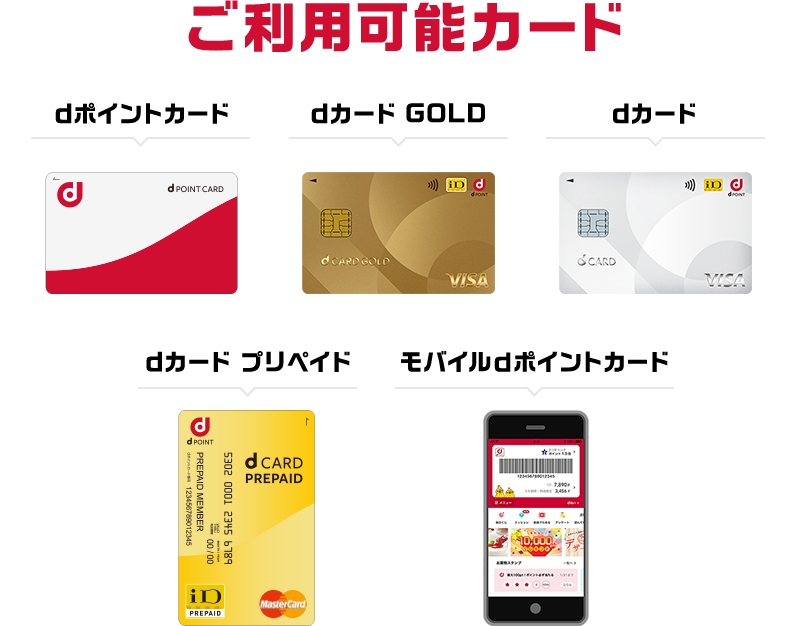 ご利用可能カード dポイントカード／モバイルdポイントカード／dカード GOLD／dカード／dカード プリペイド