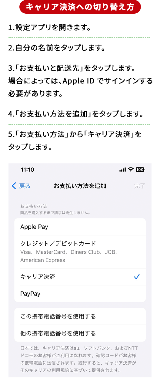 キャリア決済への切り替え方 1.設定アプリを開きます。 2.自分の名前をタップします。 3.「お支払いと配送先」をタップします。 場合によっては、Apple ID でサインインする 必要があります。 4.「お支払い方法を追加」をタップします。 5.「お支い払方法」から「キャリア決済」をタップします。