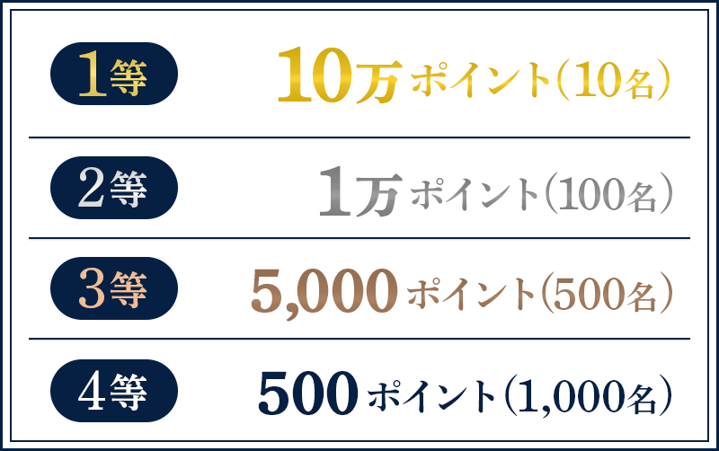 1等10万ポイント（10名） 2等1万ポイント（100名） 3等5,000ポイント（500名） 4等500ポイント（1,000名）