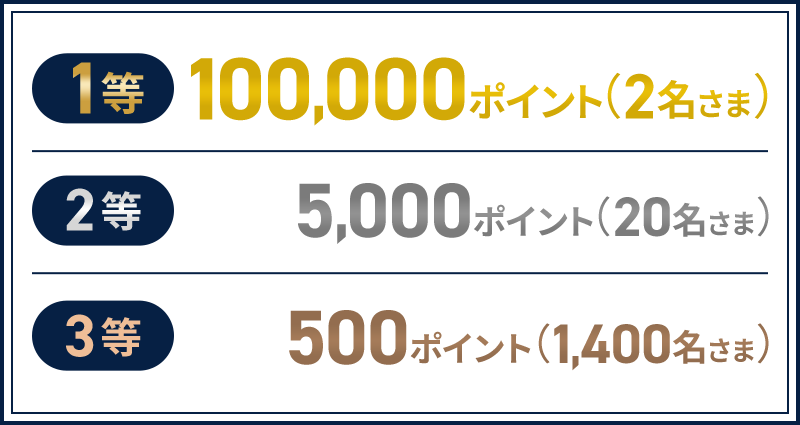 1等:100,000ポイント(2名さま) 2等:5,000ポイント(20名さま) 3等:500ポイント(1,400名さま)