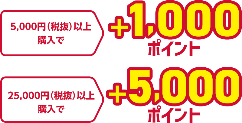 5,000円（税抜）以上購入で＋1,000ポイント 25,000円（税抜）以上購入で＋5,000ポイント