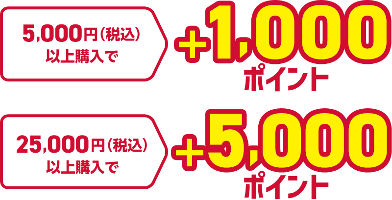 5,000円（税込）以上購入で＋1,000ポイント 25,000円（税込）以上購入で＋5,000ポイント