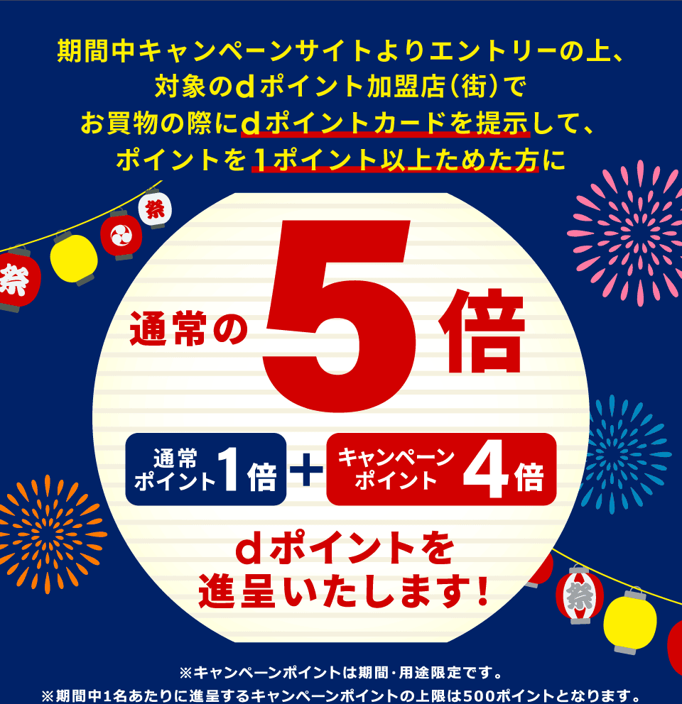 期間中キャンペーンサイトよりエントリーの上、対象のdポイント加盟店（街）でお買物の際にdポイントカードを提示して、ポイントを 1ポイント以上ためた方に通常の5倍（通常ポイント1倍＋キャンペーンポイント4倍）dポイントを進呈いたします！※キャンペーンポイントは期間・用途限定です。※期間中1名あたりに進呈するキャンペーンポイントの上限は500ポイントとなります。