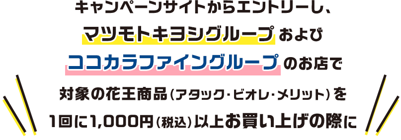 キャンペーンサイトからエントリーし、マツモトキヨシグループおよびココカラファイングループのお店で対象の花王商品（アタック・ビオレ・メリット）を1回に1,000円（税込）以上お買い上げの際に