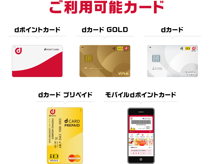 ご利用可能カード dポイントカード／モバイルdポイントカード／dカード GOLD／dカード／dカード プリペイド