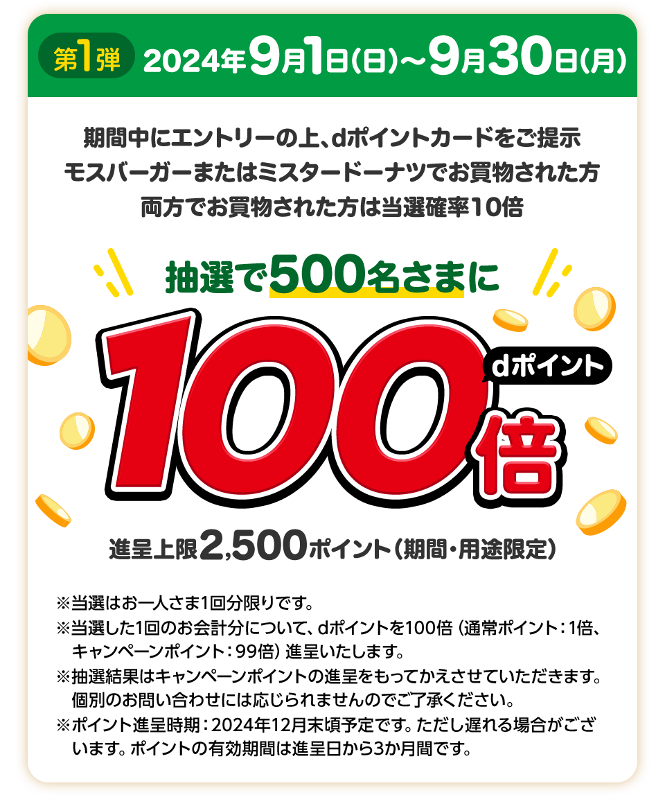 第1弾 2024年9月1日（日）～9月30日（月）期間中にエントリーの上、dポイントカードをご提示 モスバーガーまたはミスタードーナツでお買物された方 両方でお買物された方は当選確率10倍 抽選で500名さまにdポイント100倍 進呈上限 2,500ポイント（期間・用途限定）※当選はお一人さま1回分限りです。※当選した1回のお会計分について、dポイントを100倍（通常ポイント：1倍、キャンペーンポイント：99倍）進呈いたします。※抽選結果はキャンペーンポイントの進呈をもってかえさせていただきます。個別のお問い合わせには応じられませんのでご了承ください。※ポイント進呈時期：2024年12月末頃予定です。ただし遅れる場合がございます。ポイントの有効期間は進呈日から3か月間です。