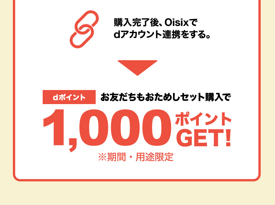 購入完了後、Oisixでdアカウント連携をする。→dポイントお友だちもおためしセット購入で1,000ポイントGET!※期間・用途限定