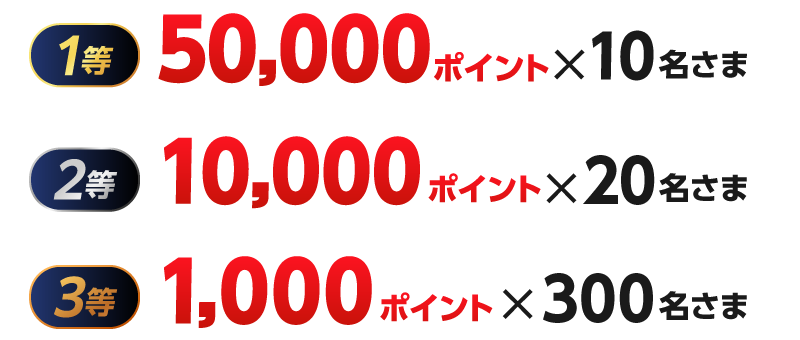 1等：50,000ポイント×10名さま 2等：10,000ポイント×20名さま 3等：1,000ポイント×300名さま