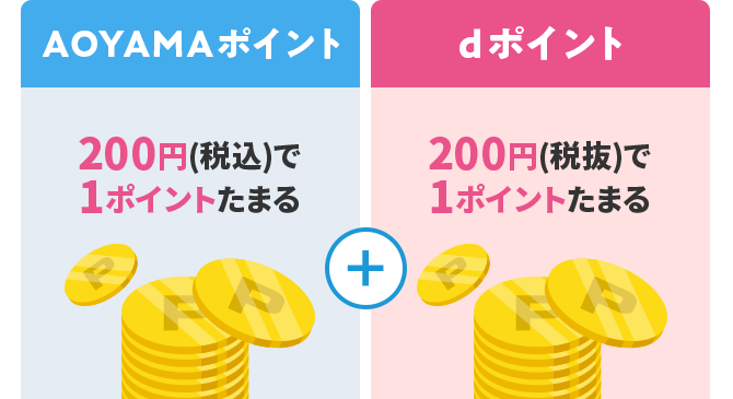 AOYAMAポイントが200円(税込)で1ポイントたまる dポイントが200円(税抜)で1ポイントたまる