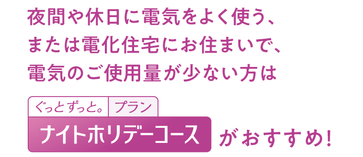 夜間や休日に電気をよく使う、または電化住宅にお住まいで、電気のご使用量が少ない方は　ナイトホリデーコースがおすすめ！