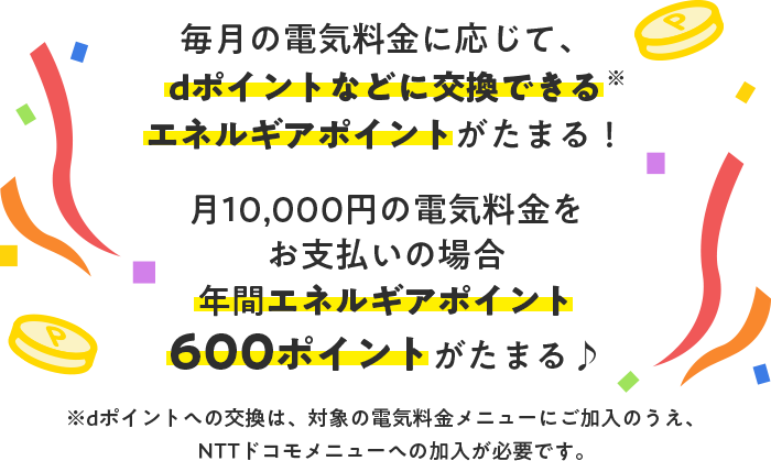 毎月の電気料金に応じて、dポイントなどに交換できるエネルギアポイントがたまる！月10,000円の電気料金をお支払いの場合年間エネルギアポイント600ポイントがたまる♪