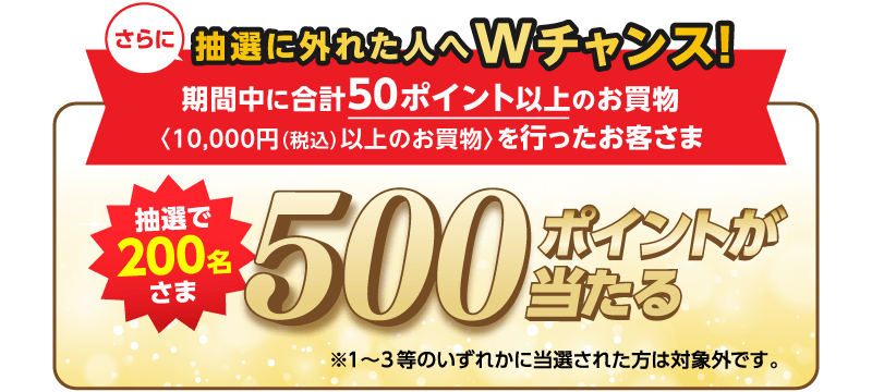 さらに抽選に外れた人へWチャンス！期間中に合計50ポイント以上のお買物〈10,000円（税込）以上のお買物〉を行ったお客さま 抽選で200名さま 500ポイントが当たる ※1～3等いずれかに当選された方は対象外です。