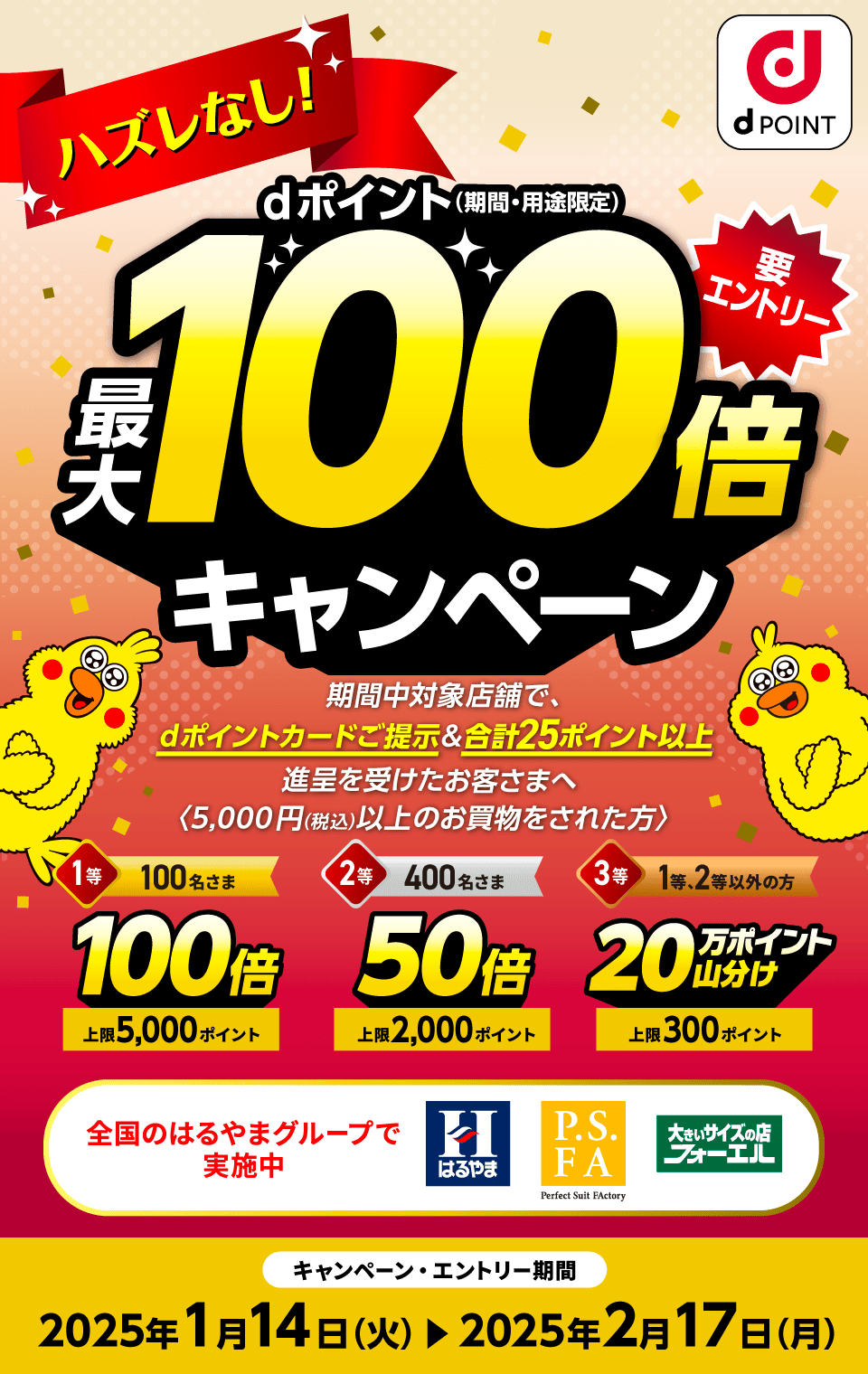 dポイント ハズレなし！ dポイント（期間・用途限定）最大100倍キャンペーン 要エントリー 期間中対象店舗で、dポイントカードご提示＆合計25ポイント以上進呈を受けたお客さまへ＜5,000円（税込）以上のお買物をされた方＞1等：100倍×100名さま 上限5,000ポイント 2等：50倍×400名さま 上限2,000ポイント 3等：20万ポイント山分け×1等、2等以外の方 上限300ポイント 全国のはるやまグループで実施中 はるやま・P.S.FA・フォーエル キャンペーン・エントリー期間：2025年1月14日（火）～2025年2月17日（月）