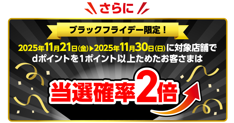 さらにブラックフライデー限定!2025年11月21日(金)~2025年11月30日(日)に対象店舗でdポイントを1ポイント以上ためたお客さまは当選確率2倍
