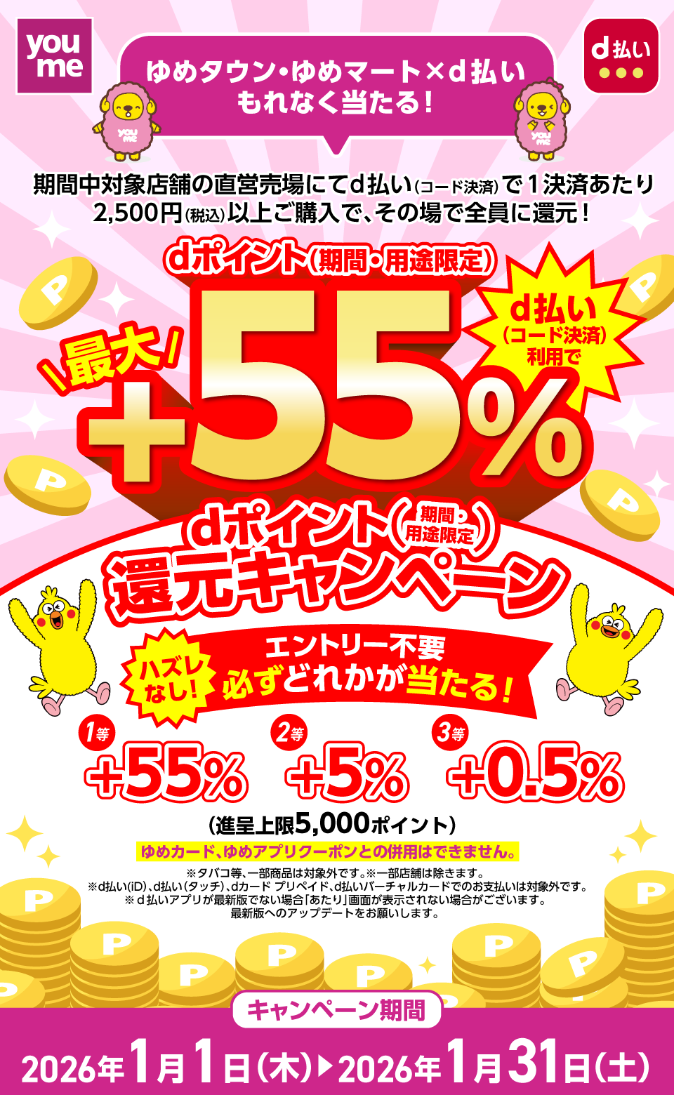 youme d払い ゆめタウン・ゆめマート×d払い もれなく当たる！期間中対象店舗の直営売場にてd払い（コード決済）で1決済あたり2,500円（税込）以上ご購入で、その場で全員に還元！dポイント（期間・用途限定）d払い（コード決済）利用で最大＋55％dポイント（期間・用途限定）還元キャンペーン ハズレなし！エントリー不要 必ずどれかが当たる！1等＋55％ 2等＋5％ 3等＋0.5％（進呈上限5,000ポイント）ゆめカード、ゆめアプリクーポンとの併用はできません。※タバコ等、一部商品は対象外です。※一部店舗は除きます。※d払い（iD）、d払い（タッチ）、dカード プリペイド、d払いバーチャルカードでのお支払いは対象外です。※d払いアプリが最新版でない場合「あたり」画面が表示されない場合がございます。最新版へのアップデートをお願いします。キャンペーン期間：2026年1月1日（木）～2026年1月31日（土）