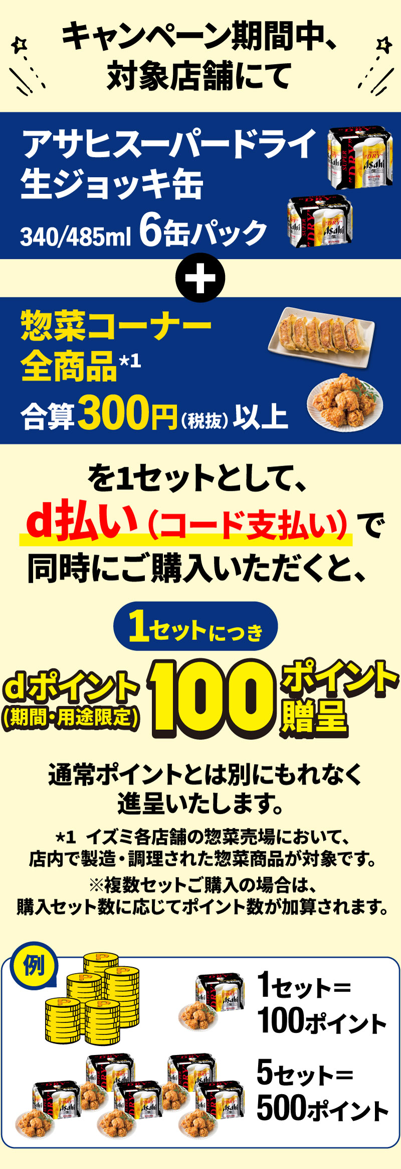 キャンペーン期間中、対象店舗にて「アサヒスーパードライ 生ジョッキ缶（340/485ml 6缶パック）」と「zehiブランド商品300円（税抜）以上」を1セットとして、d払い（コード支払い）で同時にご購入いただくと、1セットにつきdポイント（期間・用途限定）100ポイント進呈！通常ポイントとは別にもれなく進呈いたします。※複数セットご購入の場合は、購入セット数に応じてポイント数が加算されます。（例：1セット＝100ポイント、10セット＝1,000ポイント）