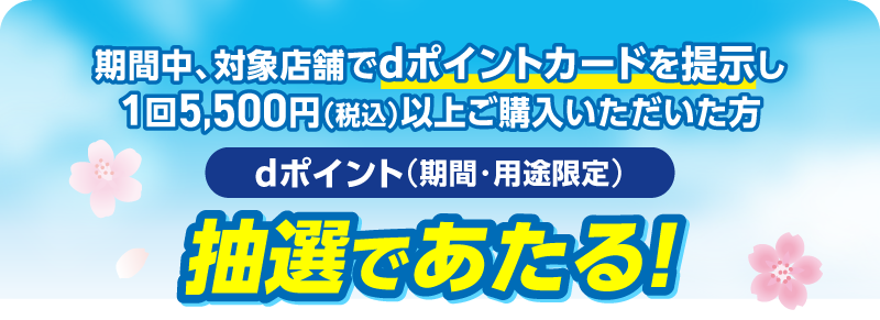期間中、対象店舗でdポイントカードを提示し1回5,500円（税込）以上ご購入いただいた方 dポイント（期間・用途限定）抽選であたる！