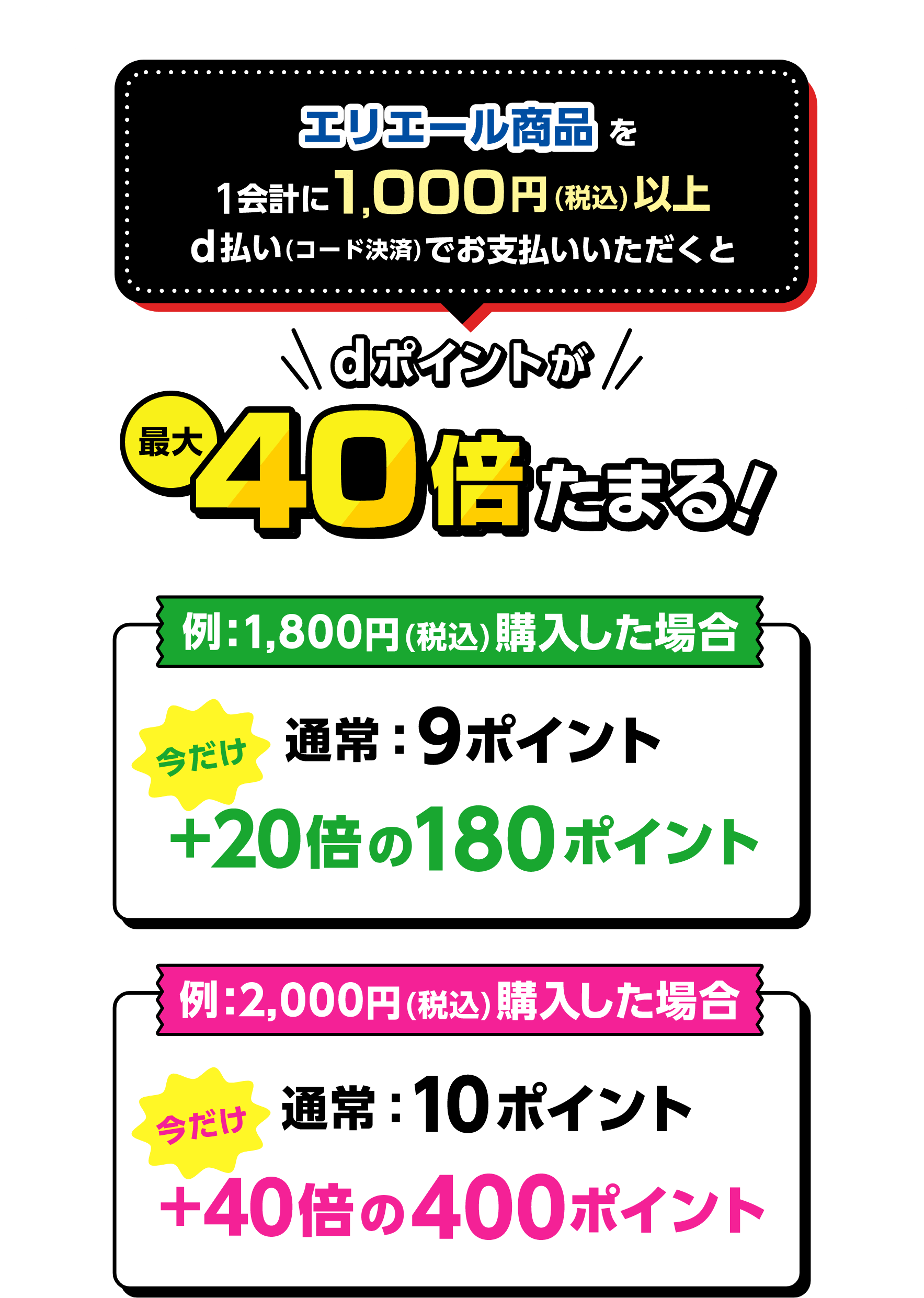 エリエール商品を1会計に1,000円（税込）以上d払い（コード決済）でお支払いいただくとdポイントが最大40倍たまる！ 例：1,800円（税込）購入した場合 通常：9ポイント 今だけ＋20倍の180ポイント 例：2,000円（税込）購入した場合 通常：10ポイント 今だけ＋40倍の400ポイント