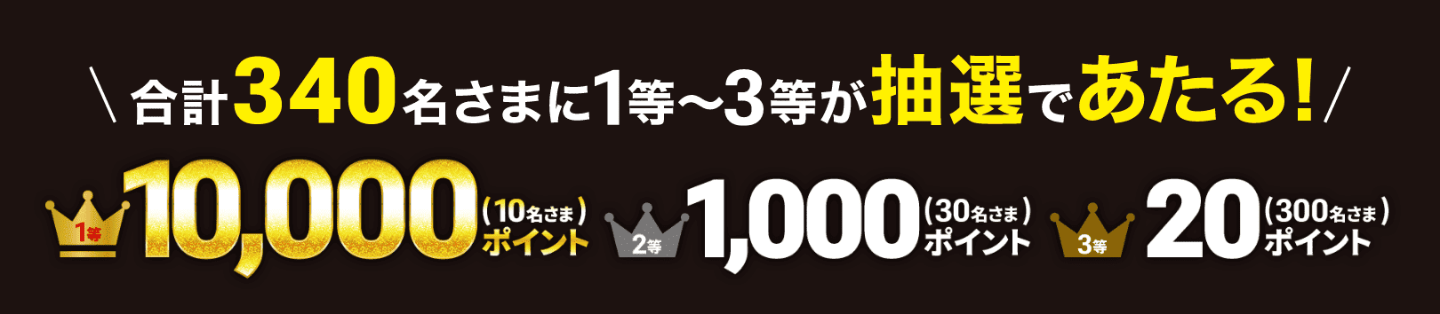 合計340名さまに1等〜3等が抽選であたる! 10,000ポイント(10名さま) 1,000ポイント(30名さま) 20ポイント(300名さま)