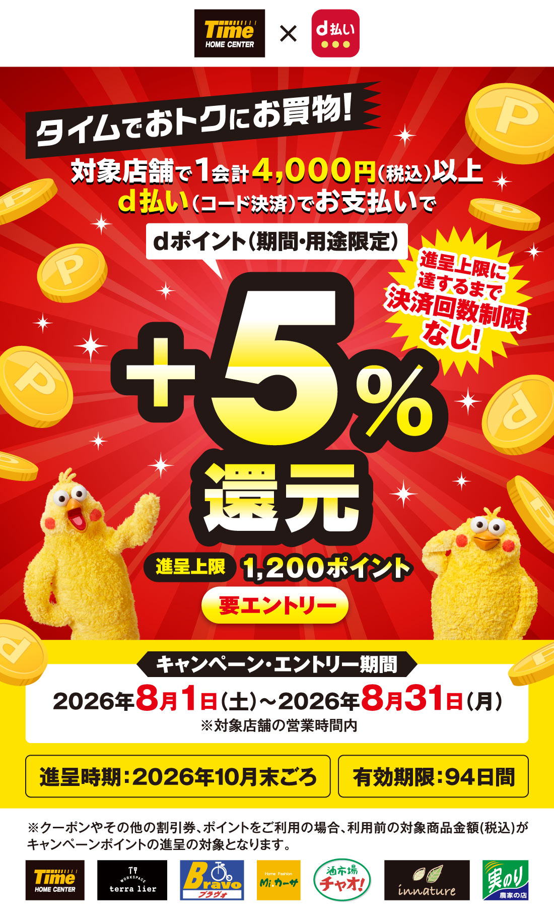 タイムでおトクにお買い物！ 対象店舗で1会計4,000円（税込）以上d払い（コード決済）でお支払いでdポイント（期間・用途限定）要エントリー +5%還元　進呈上限1,200ポイント キャンペーン・エントリー期間 2026年8月1日（土）～2026年8月31日（月）※対象店舗の営業時間内 進呈時期：2026年10月末ごろ 有効期限：94日間 ※クーポンやその他の割引券、ポイントをご利用の場合、利用前の対象商品金額(税込)がキャンペーンポイントの進呈の対象となります。
