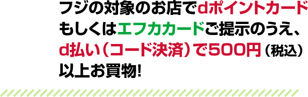 フジカンパニーズでdポイントカードもしくはエフカカードご提示のうえ、d払いで500円（税込）以上お買物！