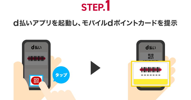 STEP．1 d払いアプリを起動し、モバイルdポイントカードを提示