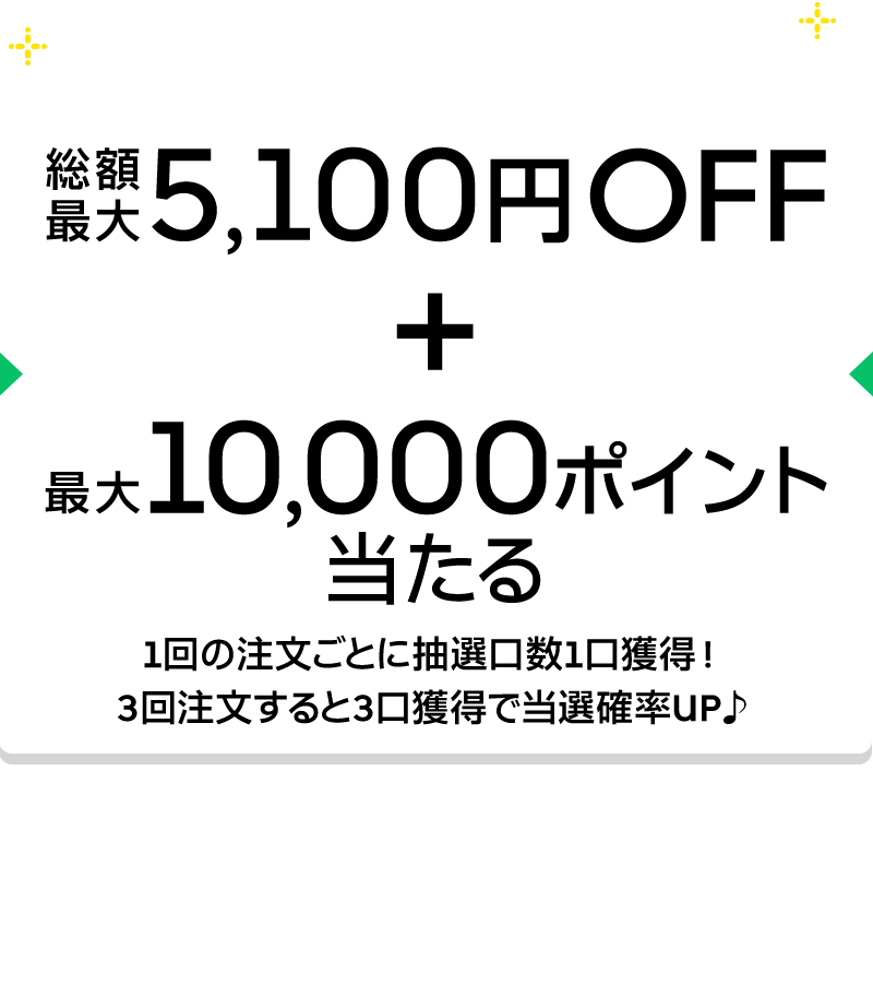 3回のご注文で総額最大5,100円OFF ＋ 最大10,000ポイント当たる 1回の注文ごとに抽選口数1口獲得！ 3回注文すると3口獲得で当選確率UP♪ 1等：10,000ポイント・・・500名さま 2等：500ポイント・・・ 4,000名さま 3等：50ポイント・・・ 60,000名さま