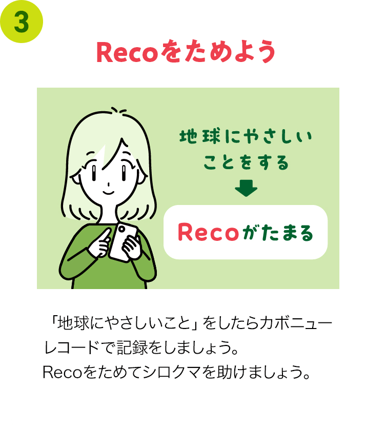 ③Recoをためよう 「地球にやさしいこと」をしたらカボニューレコードで記録をしましょう。Recoをためてシロクマを助けましょう。