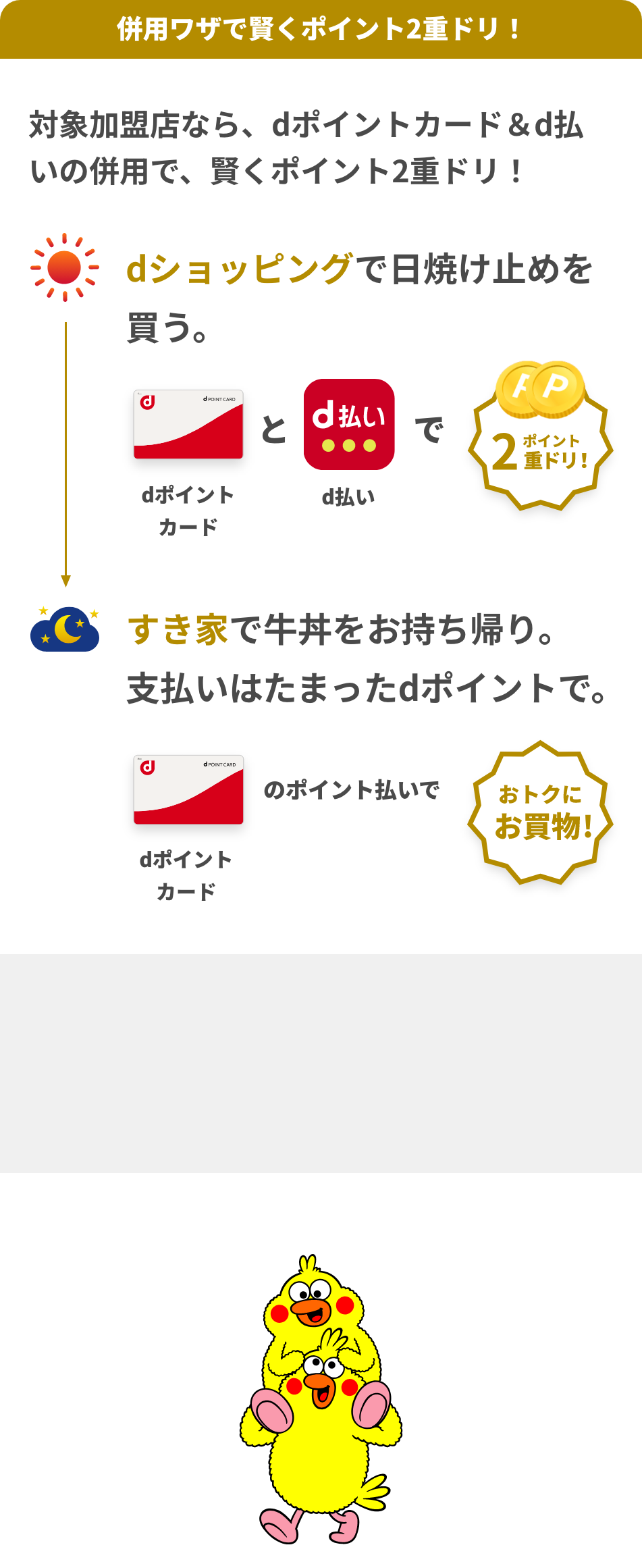 対象加盟店なら、dポイントカード＆d払いの併用で、賢くポイント2重ドリ！ 朝:dショッピングで日焼け止めを買う。 dポイントカードとd払いでポイント2重ドリ！ 夜:すき家で牛丼をお持ち帰り。支払いはたまったdポイントで。 dポイントカードの支払いでおトクにお買い物！