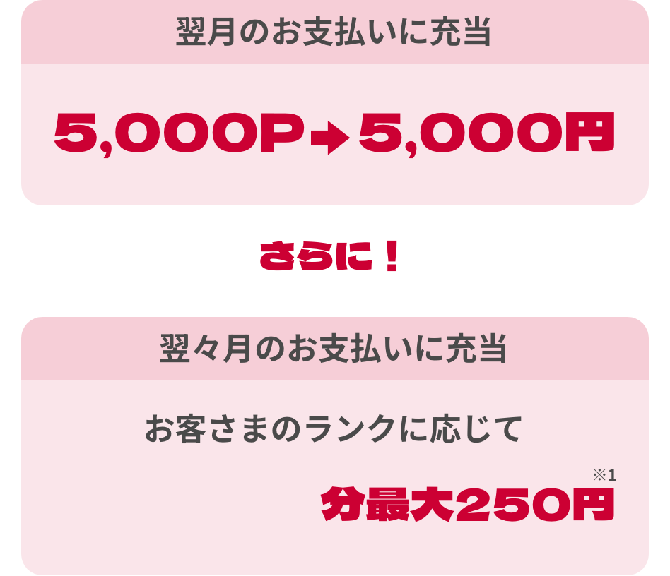 例えば、今月5,000P充当すると翌月のお支払いに充当5,000P → 5,000円 さらに！翌々月のお支払いに充当 お客さまのランクに応じて料金充当特典分最大250円※1