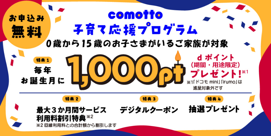 お申込み無料 comotto子育て応援プログラム 0歳から15歳のお子さまがいるご家族が対象 特典1:毎年お誕生月に1,000pt dポイント(期間・用途限定)プレゼント！※1 ※1ドコモmini」「irumo」は進呈対象外です 特典2:最大3か月間サービス利用無料割引特典※2 ※2 回線利用料との合計額から割引します 特典3: デジタルクーポン 特典4 : 抽選プレゼント