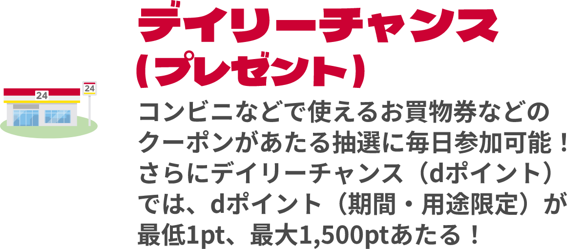 デイリーチャンス（プレゼント）コンビニなどで使えるお買物券などのクーポンがあたる抽選に毎日参加可能！さらにデイリーチャンス（dポイント）では、dポイント（期間・用途限定）が最低1pt、最大1,500ptあたる！