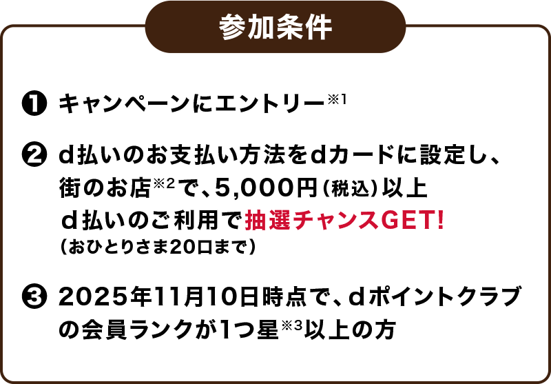 参加条件 ①キャンペーンにエントリー※1 ②d払いのお支払い方法をdカードに設定し、街のお店※2で、5,000円（税込）以上ｄ払いのご利用で抽選チャンスGET!（おひとりさま20口まで） ③2025年11月10日時点で、ｄポイントクラブの会員ランクが1つ星※3以上の方