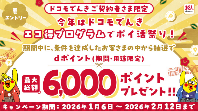要エントリー ドコモでんきご契約者さま限定 今年はドコモでんきエコ得プログラムでポイ活祭り！ 期間中に、条件を達成したお客さまの中から抽選でdポイント（期間・用途限定）最大総額6,000ポイントプレゼント キャンペーン期間：2026年1月6日～2026年2月12日まで