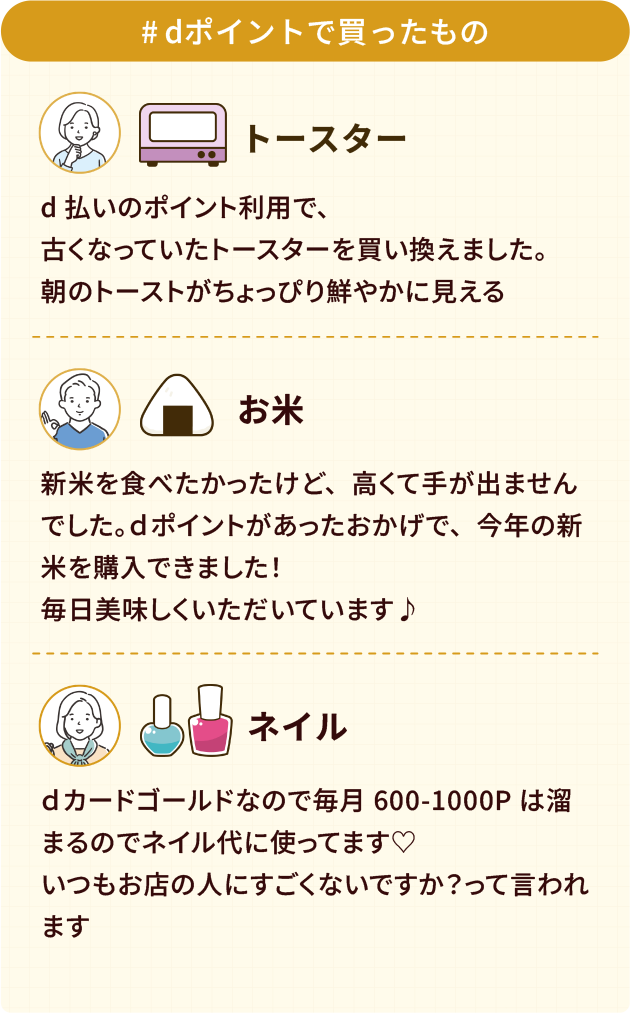 ＃dポイントで買ったもの トースター d払いのポイント利用で古くなっていたトースターを買い換えました。朝のトーストがちょっぴり鮮やかに見える お米 新米を食べたかったけど、高くて手が出ませんでした。dポイントがあったおかげて、今年の新米を購入できました！毎日美味しくいただいています♪ ネイル dゴールドカードなので毎月600-1000ポイントは溜まるのでネイル代に使ってます♡いつもお店の人にすごくないですか？って言われます