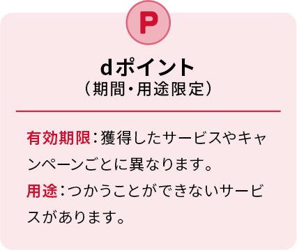 dポイント（期間・用途限定）有効期限：獲得したサービスやキャンペーンごとに異なります。用途：つかうことができないサービスがあります。