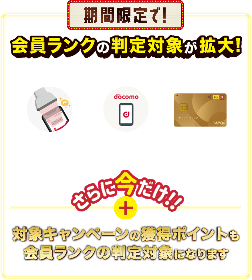 期間限定で！会員ランクの判定対象が拡大！ 通常ランクアップ対象のポイント 街やネットのお買物でdボイントをためる 毎月のご利用料金でためる dカードGOLD特典でためる さらに今だけ！ 対象キャンペーンの獲得ポイントも会員ランクの判定対象になります