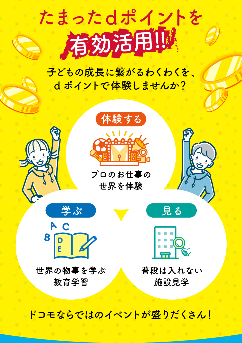 たまったdポイントを有効活用！！ 子どもの成長に繋がるわくわくを、 dポイントで体験しませんか？  体験する プロのお仕事の世界を体験 学ぶ 世界の物事を学ぶ教育学習 見る 普段は入れない施設見学 ドコモならではのイベントが盛りだくさん！
