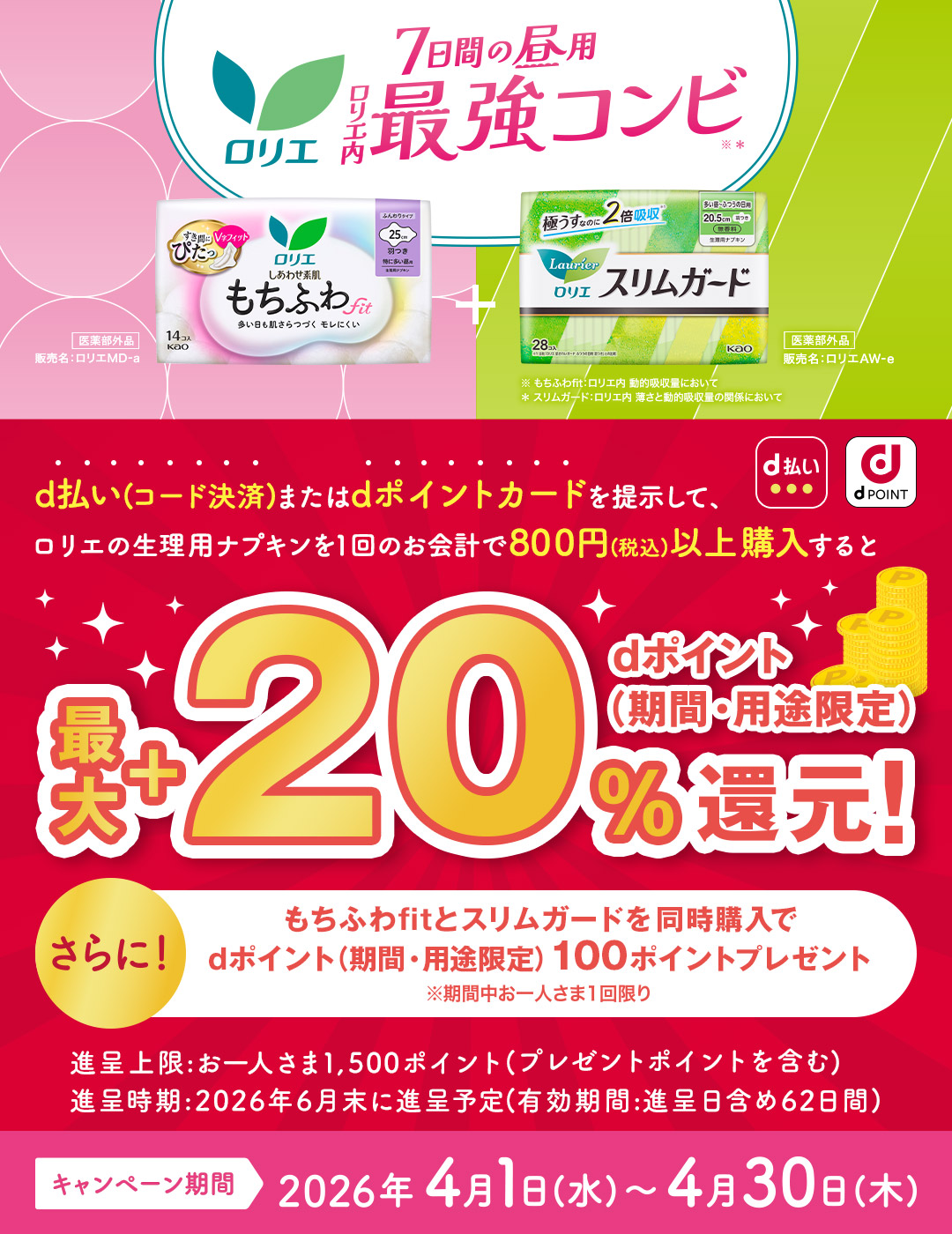 ロリエの対象商品購入でdポイント（期間・用途限定）最大+20%還元