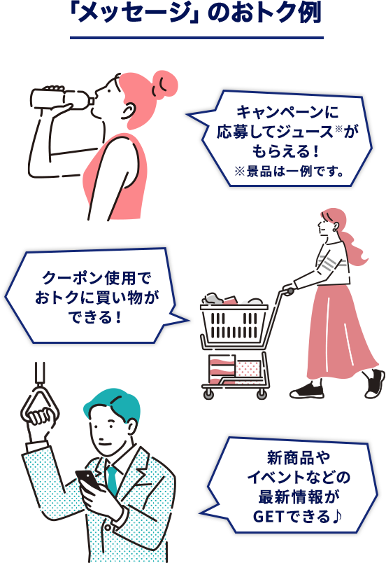 「メッセージ」のおトク例 キャンペーンに 応募してジュース※が もらえる！ ※景品は一例です。 クーポン使用で おトクに買い物が できる！ 新商品や イベントなどの 最新情報が GETできる♪
