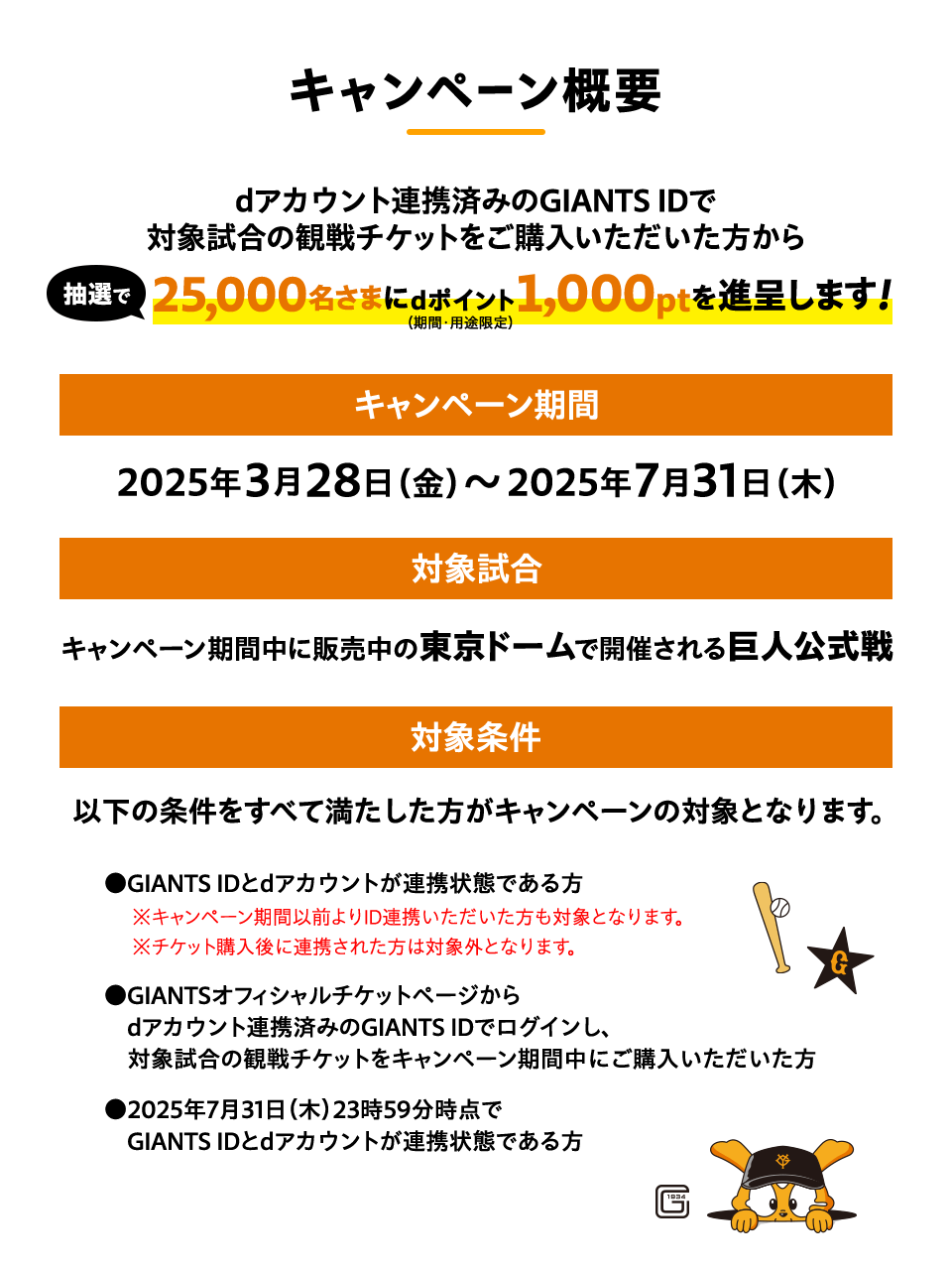 キャンペーン概要 dアカウント連携済みのGIANTS IDで対象試合の観戦チケットをご購入いただいた方から抽選で25000名さまにdポイント(期間・用途限定)1000ポイントを進呈します! キャンペーン期間 2025年3月28日(金)~2025年7月31日(木)対象試合 キャンペーン期間中に販売中の東京ドームで開催される巨人公式戦 対象条件 以下の条件をすべて満たした方がキャンペーンの対象となります。●GIANTS IDとdアカウントが連携状態である方※キャンペーン期間以前よりID連携いただいた方も対象となります。※チケット購入後に連携された方は対象外となります。●GIANTSオフィシャルチケットページからdアカウント連携済みのGIANTS IDでログインし、対象試合の観戦チケットをキャンペーン期間中にご購入いただいた方●2025年7月31日(木)23時59分時点でGIANTS IDとdアカウントが連携状態である方