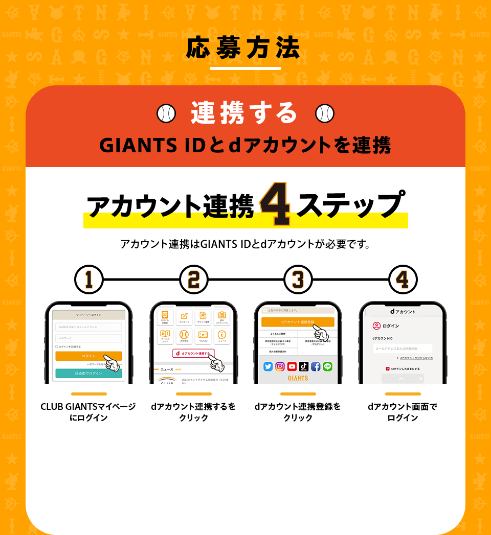 応募方法 連携する GIANTS IDとdアカウントを連携 アカウント連携4ステップ アカウント連携はGIANTS IDとdアカウントが必要です。①CLUB GIANTSマイページにログイン②dアカウント連携するをクリック③dアカウント連携登録をクリック④dアカウント画面でログインし完了