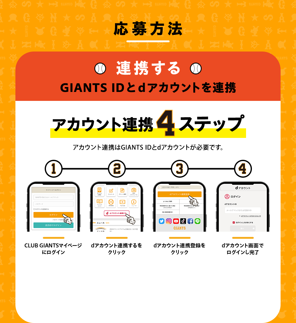 応募方法 連携する GIANTS IDとdアカウントを連携 アカウント連携4ステップ アカウント連携はGIANTS IDとdアカウントが必要です。①CLUB GIANTSマイページにログイン②dアカウント連携するをクリック③dアカウント連携登録をクリック④dアカウント画面でログインし完了